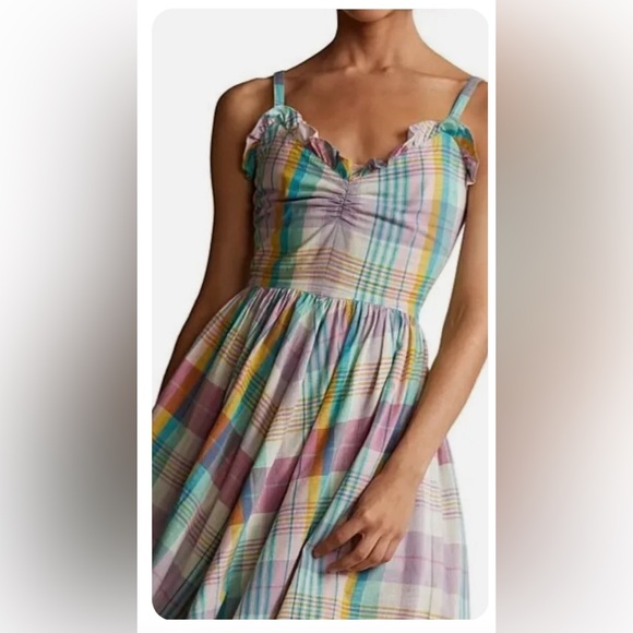 NWT Polo Ralph Lauren $248 Madras Ruffle Midi Cotton Dress - Picture 2 of 3
